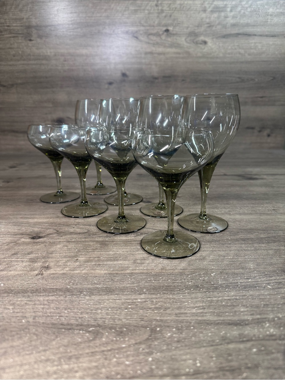 (8) Bohemia Crystal Olive Green (4) 7” Wine Goblets & (4) 5.5”Champagne Glasses